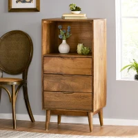 Modern 3-Drawer Handcrafted Mango Wood Chest with Splayed Legs and Display Cubby, Side Table for Bedroom, 20" W x 16" D x 41" H, Light Oak(m-1)