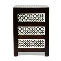Handcrafted Boho Design with Mango Wood Frame and Buffalo Bone Inlay, Wooden 3-Drawer Nightstand, 17"W x 12"D x 24"H, Black + Dark Walnut(m-8)