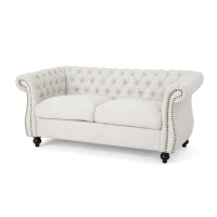 Chesterfield Loveseat Sofa, Deep Button Tufting, Rolled Arms, Nailhead Accents, 62" W x 34" D x 28" H, Beige(m-7)