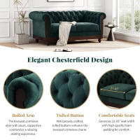Chesterfield Velvet Loveseat Sofa, 2-Person Rolled Arm Upholstered Couch, with Tufted Buttons, Pine Wood Frame, 59.50" Wx34.00" Dx27.00" H, Dark Green(m-5)