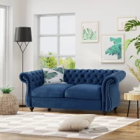 Chesterfield Loveseat Sofa, Deep Button Tufting, Rolled Arms, Nailhead Accents, 62" W x 34" D x 28" H, Navy Blue(m-4)