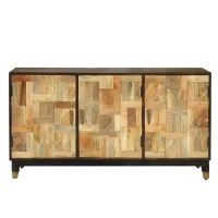 Vinsetto 3-Door Sideboard with Brass-Tipped Legs, Handmade Mango Wood, Boho Design, 55" W x 18" D x 30" H, Walnut(m-9)