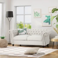 Chesterfield Loveseat Sofa, Deep Button Tufting, Rolled Arms, Nailhead Accents, 62" W x 34" D x 28" H, Beige(m-4)