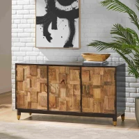 Vinsetto 3-Door Sideboard with Brass-Tipped Legs, Handmade Mango Wood, Boho Design, 55" W x 18" D x 30" H, Walnut(m-1)