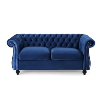 Chesterfield Loveseat Sofa, Deep Button Tufting, Rolled Arms, Nailhead Accents, 62" W x 34" D x 28" H, Navy Blue
