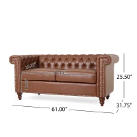 Modern Glam Faux Leather Loveseat Sofa with Nailhead Accents and Channel Stitching, Birch Wood Legs, 61" L x 32" W x 25.5" H, Light Brown(m-3)