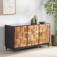 Vinsetto 3-Door Sideboard with Brass-Tipped Legs, Handmade Mango Wood, Boho Design, 55" W x 18" D x 30" H, Walnut(m-4)