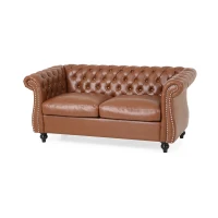 Mid-Century Loveseat Sofa with Deep Button Tufting and Rolled Arms, Nailhead Accents, 62" W x 34" D x 28" H, Light Brown(m-9)