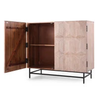 Boho Mango Wood Cabinet with Handcrafted Two-Door Storage, Raised Geometric Design, 38.00" W x 16.50" D x 34.00" H, White(m-10)