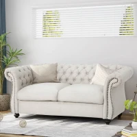 Chesterfield Loveseat Sofa, Deep Button Tufting, Rolled Arms, Nailhead Accents, 62" W x 34" D x 28" H, Beige(m-1)