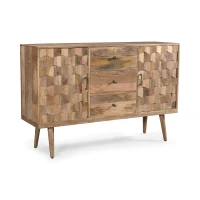 Mid-Century Modern 3-Drawer Sideboard with 2 Doors, Mango Wood, 3D Tile Weave Design, Ample Storage, 56" W x 16" D x 36" H, Natural(m-2)