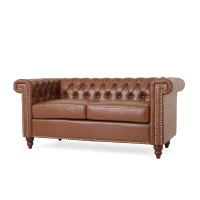 Modern Glam Faux Leather Loveseat Sofa with Nailhead Accents and Channel Stitching, Birch Wood Legs, 61" L x 32" W x 25.5" H, Light Brown(m-9)