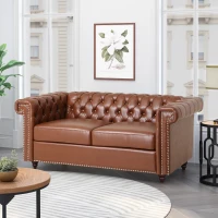 Modern Glam Faux Leather Loveseat Sofa with Nailhead Accents and Channel Stitching, Birch Wood Legs, 61" L x 32" W x 25.5" H, Light Brown(m-4)