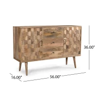 Mid-Century Modern 3-Drawer Sideboard with 2 Doors, Mango Wood, 3D Tile Weave Design, Ample Storage, 56" W x 16" D x 36" H, Natural(m-3)
