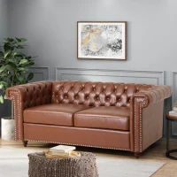 Modern Glam Faux Leather Loveseat Sofa with Nailhead Accents and Channel Stitching, Birch Wood Legs, 61" L x 32" W x 25.5" H, Light Brown(m-1)