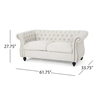 Chesterfield Loveseat Sofa, Deep Button Tufting, Rolled Arms, Nailhead Accents, 62" W x 34" D x 28" H, Beige(m-3)