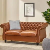 Mid-Century Loveseat Sofa with Deep Button Tufting and Rolled Arms, Nailhead Accents, 62" W x 34" D x 28" H, Light Brown(m-1)