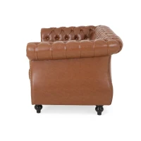 Mid-Century Loveseat Sofa with Deep Button Tufting and Rolled Arms, Nailhead Accents, 62" W x 34" D x 28" H, Light Brown(m-10)