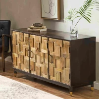 Vinsetto 3-Door Sideboard with Brass-Tipped Legs, Handmade Mango Wood, Boho Design, 55" W x 18" D x 30" H, Walnut(m-5)