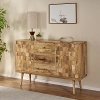 Mid-Century Modern 3-Drawer Sideboard with 2 Doors, Mango Wood, 3D Tile Weave Design, Ample Storage, 56" W x 16" D x 36" H, Natural(m-4)