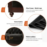 Chesterfield Velvet Loveseat Sofa, 2-Person Rolled Arm Upholstered Couch, with Tufted Buttons, Pine Wood Frame, 59.50" Wx34.00" Dx27.00" H, Black(m-6)