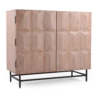 Boho Mango Wood Cabinet with Handcrafted Two-Door Storage, Raised Geometric Design, 38.00" W x 16.50" D x 34.00" H, White(m-2)