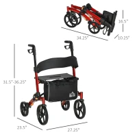 HOMCOM Rollator Walker for Seniors and Adults with 8'' Wheels, Seat, Aluminium Lightweight Folding Rolling Walker with Adjustable Handle, Storage Bag, Dual Brake, Red(m-3)