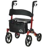 HOMCOM Rollator Walker for Seniors and Adults with 8'' Wheels, Seat, Aluminium Lightweight Folding Rolling Walker with Adjustable Handle, Storage Bag, Dual Brake, Red(m-11)