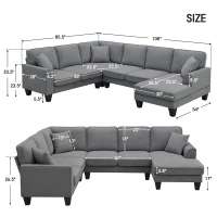 108" Modern U-Shaped 7-Seat Fabric Sectional Sofa Set with 3 Pillows, for Living Room, Apartment, 108″ L x 85.5″ W x 33.5″ H, Dark Grey(m-3)