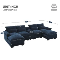 123" Modern U-Shaped 6-Seat Upholstered Sleeper Sofa Set with Console, Cupholders, USB Ports, and Chaise, 123″ L x 55″ W x 33″ H, Blue(m-3)