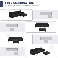 103.5" Modern L-Shaped 4-Seat Velvet Fabric Sectional Sofa Set with Convertible Ottoman, Freely Combinable for Living Room, Black(m-8)
