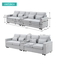 114.5" Modern Linen Fabric Upholstered Sofa with Console, 2 Cupholders, USB Ports, 4 Pillows, 4-Seat, 114.5″ L x 33″ W x 35″ H, Light Gray(m-3)