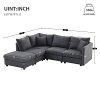 89" x 79" Modern Sectional Sofa with Vertical Stripes and 2 Pillows, 5-Seat Couch with Convertible Ottoman, for Living Room, Dark Gray(m-3)