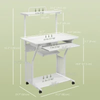 HOMCOM 32" Mobile Computer Table, Rolling Study Desk for Home Office with Keyboard Tray, Storage Shelves, Wheels, White(m-3)