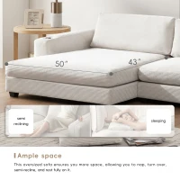 Oversized Corduroy Sectional Sofa with USB Charging Port and Cup Holder, Deep Seat Sofa Bed with 50" Chaise, 134″ L x 54″ W x 25″ H, Beige(m-8)