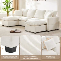 110" Modern U Shape Modular Sofa with 2 Pillows, 6 Seat Chenille Sectional Couch Set, Freely Combinable, 110″ L x 57″ W x 37″ H, White(m-4)