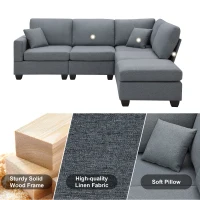 90" Modern L-Shape 5-Seat Sectional Sofa Set with Convertible Ottoman and 2 Pillows, Linen Fabric Couch, 90″ L x 60″ W x 32″ H, Dark Grey(m-4)