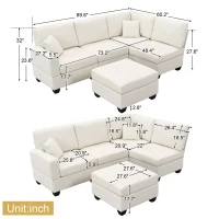 90" Modern L-Shape 5-Seat Sectional Sofa Set with Convertible Ottoman and 2 Pillows, Linen Fabric Couch, 90″ L x 60″ W x 32″ H, Beige(m-3)