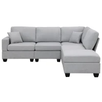 90" Modern L-Shape 5-Seat Sectional Sofa Set with Convertible Ottoman and 2 Pillows, Linen Fabric Couch, 90″ L x 60″ W x 32″ H, Grey(m-2)