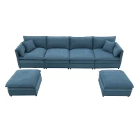 134" Chenille Modular Sectional 6 Seat Sleeper Sofa Bed with Ottomans, Double Cushions, for Living Room, 134″ L x 66″ W x 35″ H, Blue(m-13)