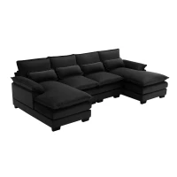Modern U-Shaped 6-Seat Sectional Sofa with Chaise Lounge, Upholstered Sleeper Couch with Waist Pillows, 110″ L x 55″ W x 33″ H, Black(m-13)
