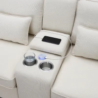 114.5" Modern Linen Fabric Upholstered Sofa with Console, 2 Cupholders, USB Ports, 4 Pillows, 4-Seat, 114.5″ L x 33″ W x 35″ H, Beige(m-8)