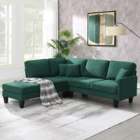 Modern 5-Seat L-Shape Sectional Sofa Set with Chaise Lounge and 3 Pillows, Terrycloth Fabric, 90″ L x 88″ W x 35″ H, Green(m-1)