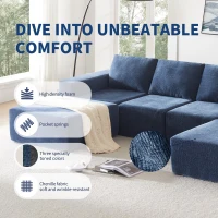 110" x 72" Luxury Chenille Upholstered Floor Couch Set with Foam-Filled, U Shaped Sofa for Living Room, Free Combination, Navy(m-6)
