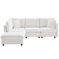 89" x 79" Modern Sectional Sofa with Vertical Stripes and 2 Pillows, 5-Seat Couch with Convertible Ottoman, for Living Room, White(m-2)