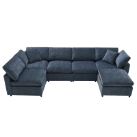 130" x 65" Modern Modular Cloud Sofa Bed with Ottoman, 6-Seat, Convertible U Shaped Sofa for Living Room, Apartment, Dark Blue