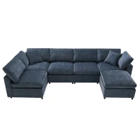 130" x 65" Modern Modular Cloud Sofa Bed with Ottoman, 6-Seat, Convertible U Shaped Sofa for Living Room, Apartment, Dark Blue(m-2)
