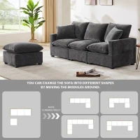 84" x 57" Modern 4-Seat Chenille Modular Sofa Set with 2 Pillows, Freely Combinable, for Living Room, 84″ L x 57″ W x 37″ H, Black+Gray(m-7)