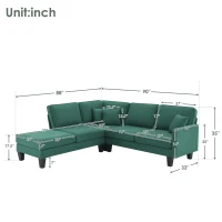 Modern 5-Seat L-Shape Sectional Sofa Set with Chaise Lounge and 3 Pillows, Terrycloth Fabric, 90″ L x 88″ W x 35″ H, Green(m-3)