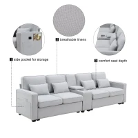 114.5" Modern Linen Fabric Upholstered Sofa with Console, 2 Cupholders, USB Ports, 4 Pillows, 4-Seat, 114.5″ L x 33″ W x 35″ H, Light Gray(m-4)